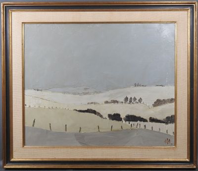 une image représentant un tableau représentant un paysage enneigé avec une clôture
