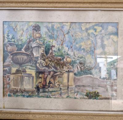 aquarelle encadrée représentant une calèche tirée par des chevaux dans un jardin