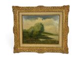 an oil painting of a landscape with a tree in the foreground