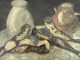 a painting of a still life with a pitcher and a plate of food