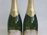 two bottles of champagne sitting next to each other on a table