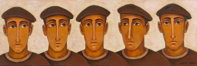 tableau représentant un groupe d'hommes portant des chapeaux et des chemises marron