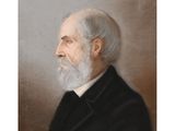 a painting of a man with a white beard and a black jacket