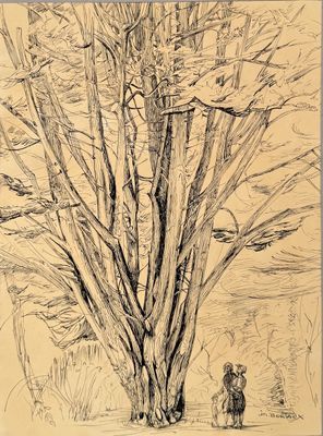 dessin au crayon représentant un homme et une femme debout sous un arbre