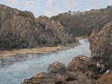 un tableau représentant un homme assis sur un rocher au bord d'une rivière