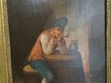 painting of a man sitting at a table smoking a pipe