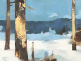 un tableau représentant deux arbres dans la neige, avec le ciel en arrière-plan