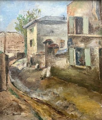 un tableau représentant une scène de rue avec des bâtiments et des moutons
