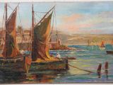 a painting of a harbor scene with boats in the water