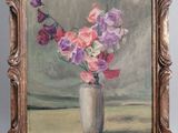 une peinture à l'huile représentant un vase avec des fleurs sur une table