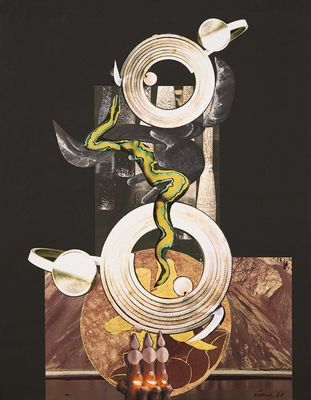 une image représentant un tableau où l'on voit un serpent posé sur une table, à côté d'un bol de nourriture