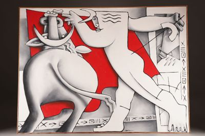 a picture of a painting of a man and a cow