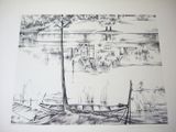 a drawing of a boat in the water by a tree