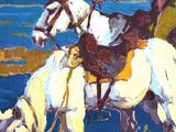 a painting of a man riding a horse on the beach
