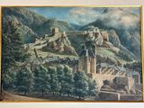 a picture of a painting of a castle on a hill