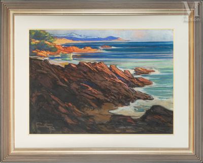 une peinture à l'huile représentant une côte rocheuse avec vue sur l'océan