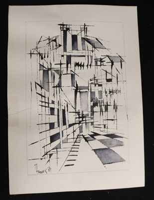 drawing of a black and white drawing of a building on a black background