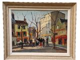 une peinture à l'huile représentant une scène de rue avec des personnes marchant dans la rue