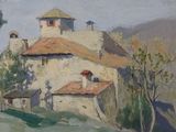an oil painting of a white building with a red roof and a steeple