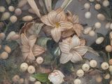 a picture of a clock with flowers and berries in it