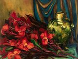 un tableau représentant un vase et des fleurs rouges posés sur une table