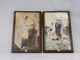 two framed paintings of a woman and a man on a white surface