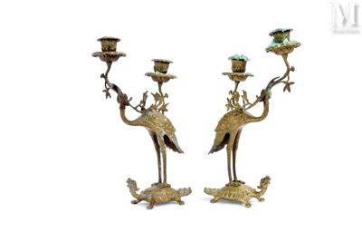 pair of antique brass candlesticks with birds and flowers