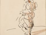 drawing of a man in a hat and coat walking down a street