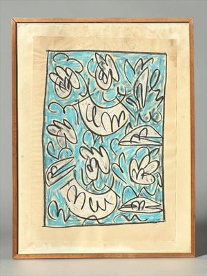 painting in a wooden frame with a blue and white design on it