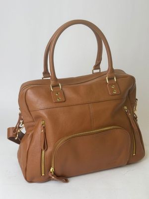 tan leather handbag with zippers and gold hardwares
