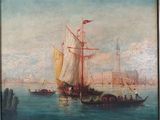 painting of a boat in a body of water with a city in the background