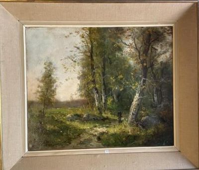 an oil painting of a wooded scene with trees and a stream