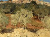 peinture représentant un paysage avec une église au loin, sur une colline
