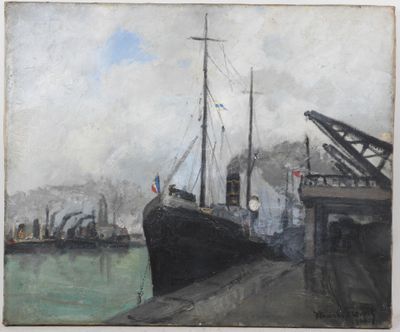 tableau représentant un navire amarré à un quai, avec d'autres navires en arrière-plan