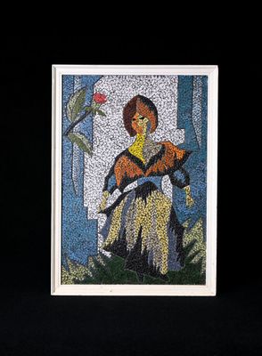 Panneau de mosaïque représentant une femme à la rose.