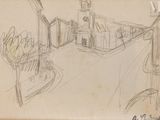 drawing of a street scene with a church and trees in the foreground