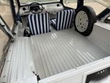 a white truck with a blue and white stripe seat cover