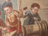 a painting of a group of children working on a piece of wood
