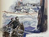 a drawing of a man in a rowboat on the water