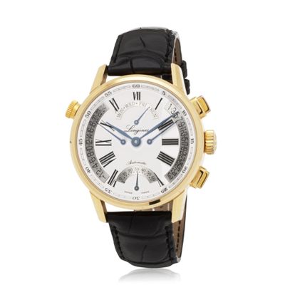 a gentleman ' s gold wrist watch with roman numerals and black leather strap