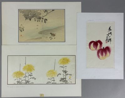 three framed chinese paintings of flowers and birds on a table