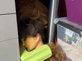 a doll with a hair brush and a hairbrush in a closet