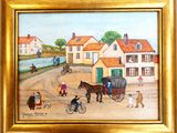 tableau représentant une calèche tirée par des chevaux dans un village, avec des personnages et des animaux