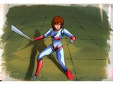 cartoon of a woman in a blue and red outfit holding a baseball bat