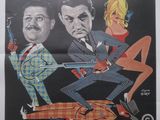 une affiche du film « Les Tontons », sur laquelle figurent deux hommes en costume et une femme en