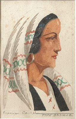 tableau représentant une femme portant une coiffe blanche et un foulard noir et blanc