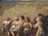 a painting of a group of children playing with a teddy bear