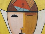 a painting of a man with a tie on a yellow wall