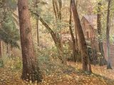 un tableau représentant une cabane dans les bois, avec des feuilles par terre