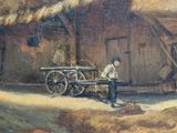 a painting of a man standing in front of a hut with a horse